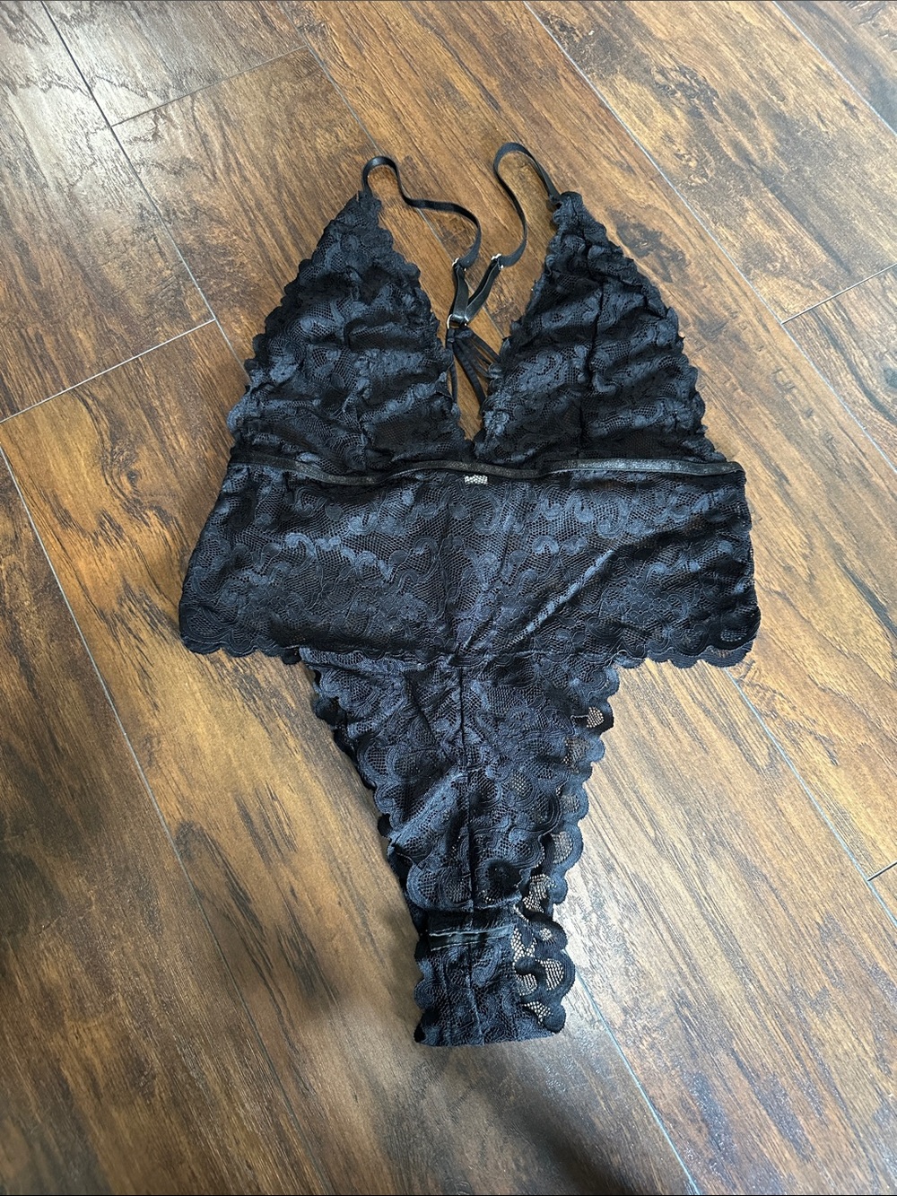 Black Lace Plunge Adjustable Bralette Teddy  Intimate Stretch Bodysuit Top 1X/2X